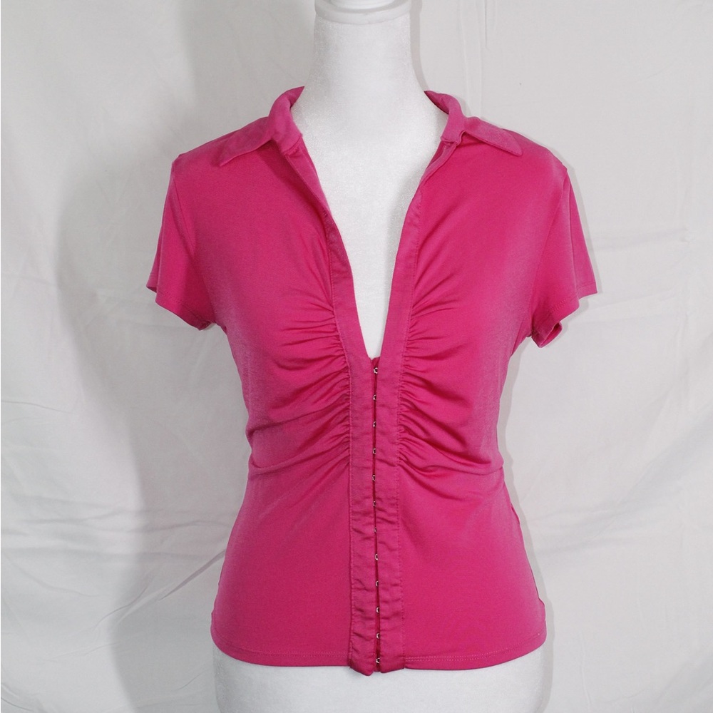 Delirious Hot Pink Ruched Button-Front Short Sleeve Top